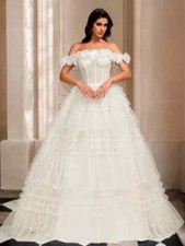 Ladies Dress Size 16 White Wedding Off Shoulder Floor Length Tier Skirt