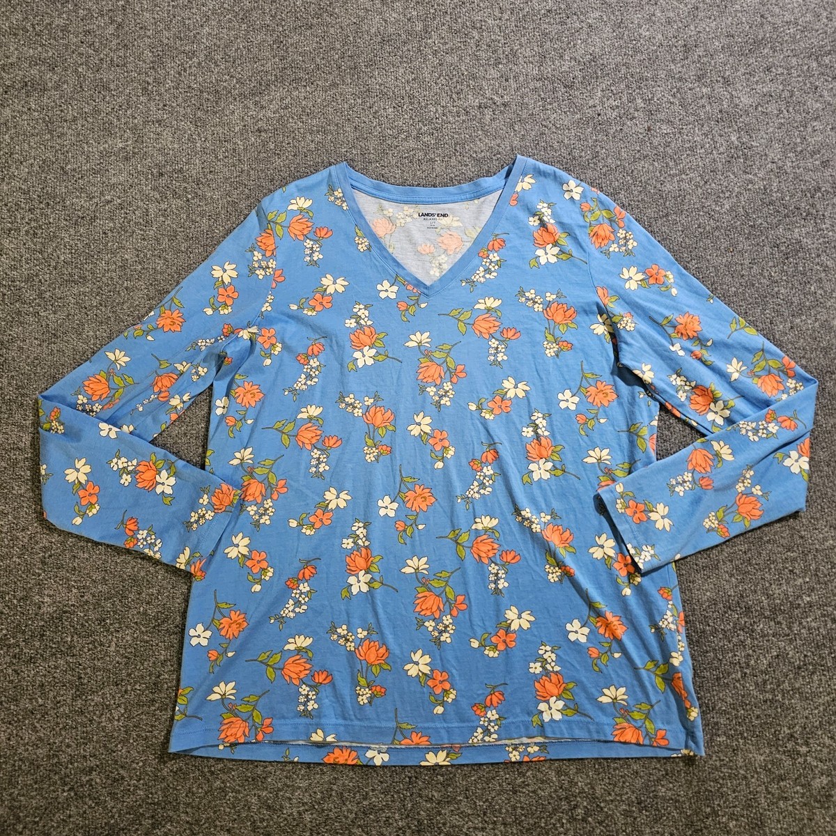Lands End Top Shirt Womens Large Blue Floral V Neck Long Sleeve