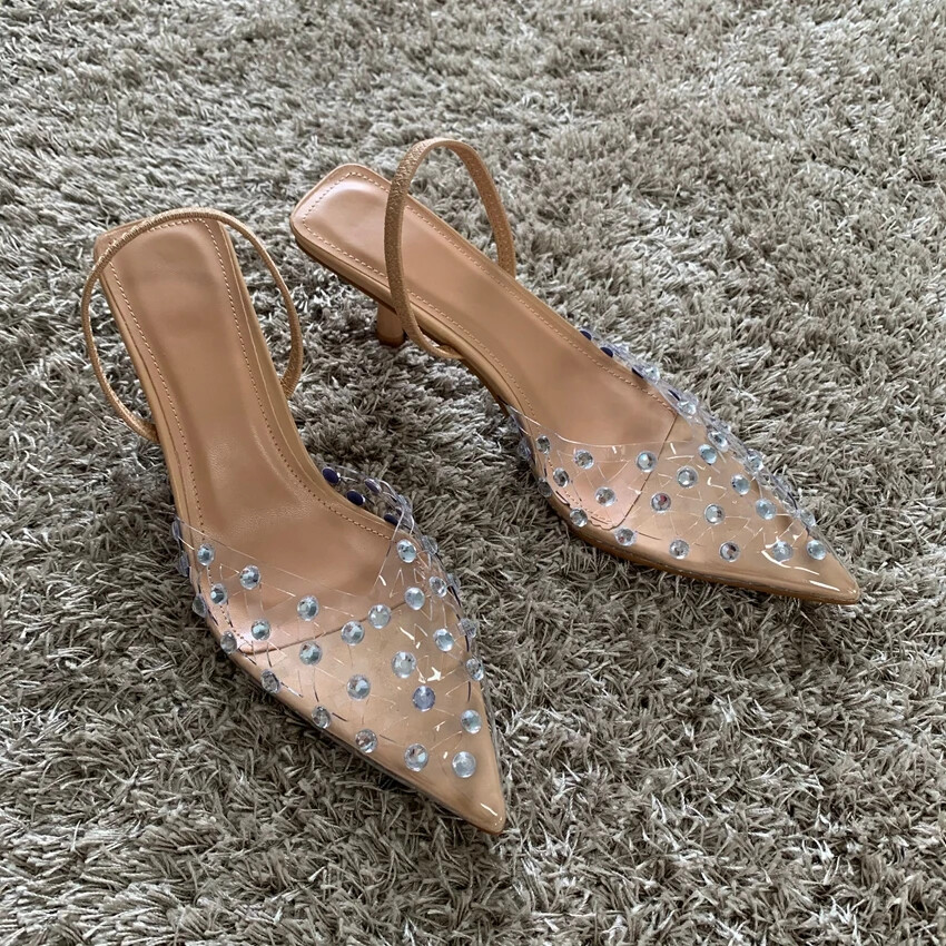 Women PVC Transparent Diamond High Heels Sexy Slingback Heeled Shoes Pumps Shoes