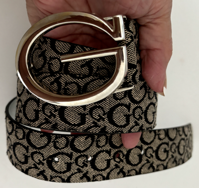 GUESS Black L Fabric Covered Faux Silver Leather LOGO BELT  display picture 3