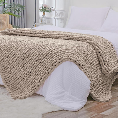 Chunky Knit Blanket Throw 80''X90'' for Queen King Bed, 100% Hand Knitted Chenille