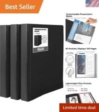 Durable 3-Pack Black Binder with 60 Clear Plastic Sleeves for Document Storage