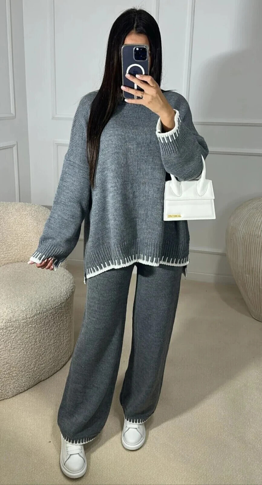 Women Stitched Knitted Jumper Top Wide Leg Trousers 2PCS Coord