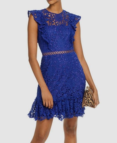 $225 AQUA Women's Blue Ruffled Lace Cape-Sleeve Front-Flounce Shift Dress Size M