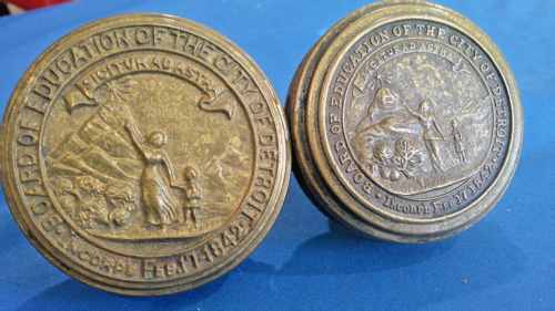 2 Vintage Brass CITY OF DETROIT BOARD OF EDUCATION Door Knobs (2226)