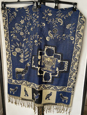 Blue Gold scarf shawl wrap pashmina Native South American images 28x68" fringe