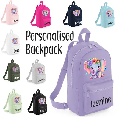 Personalised Kids Backpack Name Elephant Boys Girls Back To School Bag Rucksack