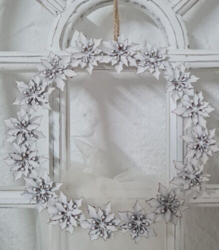 Couronne décorative couronne florale suspension 20 cm blanc Noël Christmas Shabby chic - Photo 1/2