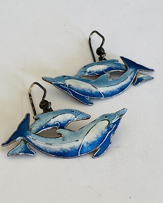 Vintage Export Chinese Gilt Sterling Silver Blue Enamel Dolphin Dangle Earrings