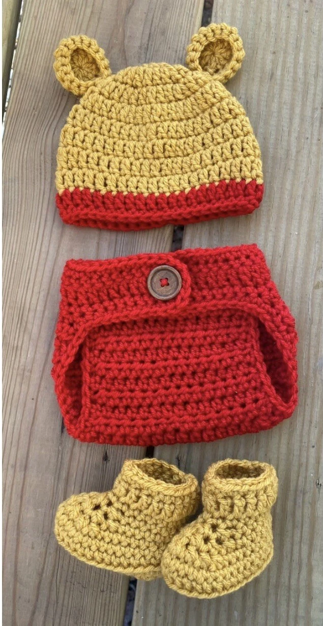 Crochet Newborn Baby Winnie The Pooh Hat, Diaper Cover, Booties Photo Prop Set