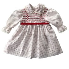Vintage Polly Flinders 3T Hand Smocked Dress Long Sleeve W/Belt White W/Red Dots