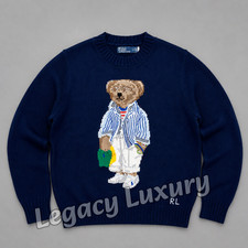 POLO PALPH LAUREN Stripes Polo Bear Sweater Dark Blue Women - L, NWT