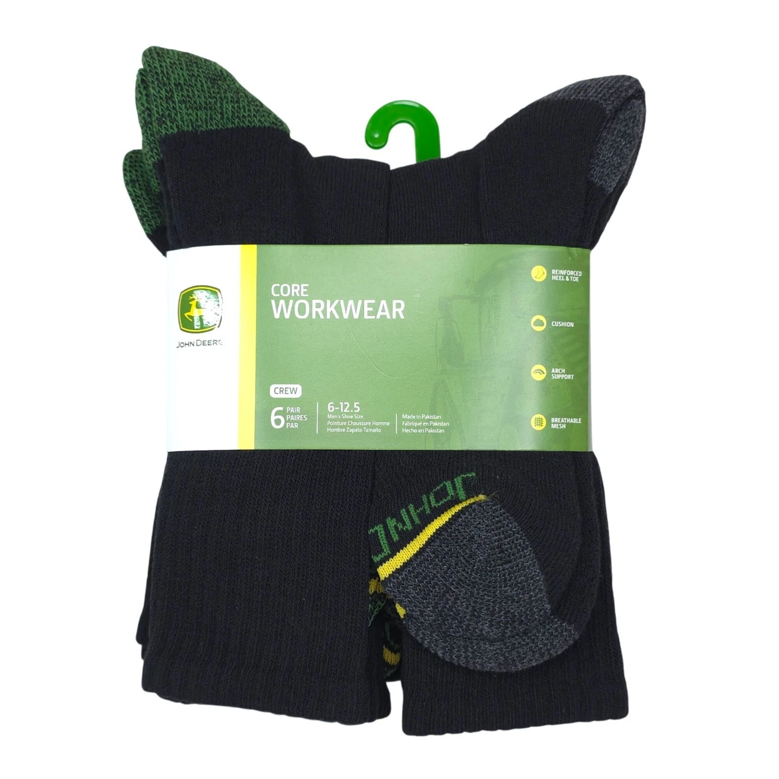 John Deere Mens Core Workwear Cushioned Crew Socks 6-Pack Shoe Size 6-12.5 Black