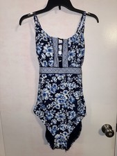 Lands' End Women's 16L One-Piece Swimsuit Blue White Print Beach Vacation NWOT
