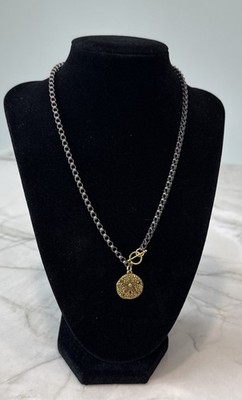 Chavez for Charity 18'' Gunmetal Rolo Gold Sand Dollar Necklace Signed CFC Bead
