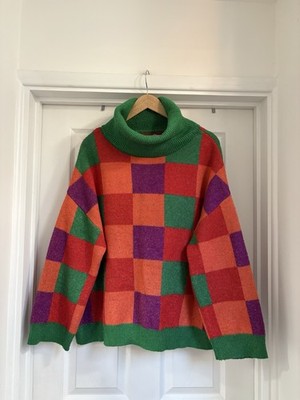 Karierter Rollkragen-Strickpullover Pullover Damen bunt Quadrate Größe M 12-14