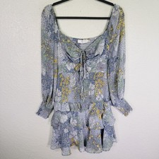 ASTR The Label Dress Womens Medium Floral Smocked Tiered Ruffle Chiffon Blue