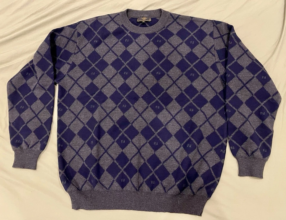 FENDI 💯 Merino Wool Geometric Blue Great Sweater Men’s Size 50 (L) Large - Image 4 of 4