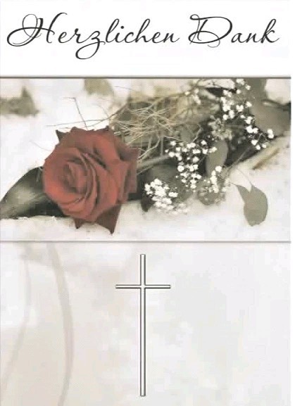 Trauer Danksagungskarten mit Innentext + Trauerumschlag Motiv: rote Rose/Kreuz