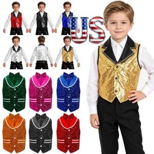 Kid Hip Hop Jazz Dance Vest Shiny Sequin Lapel Collar Waistcoat Blazer Hallowee