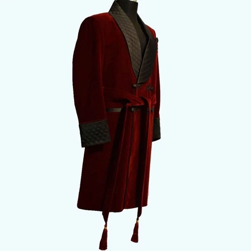 Men's Maroon Smoking Quilted Lapel Designer Dinner Party Wear Long Coat - product listing photo