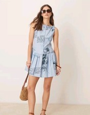 ASOS DESIGN slash neck button down dropped waist mini sundress blue floral Sz 4 