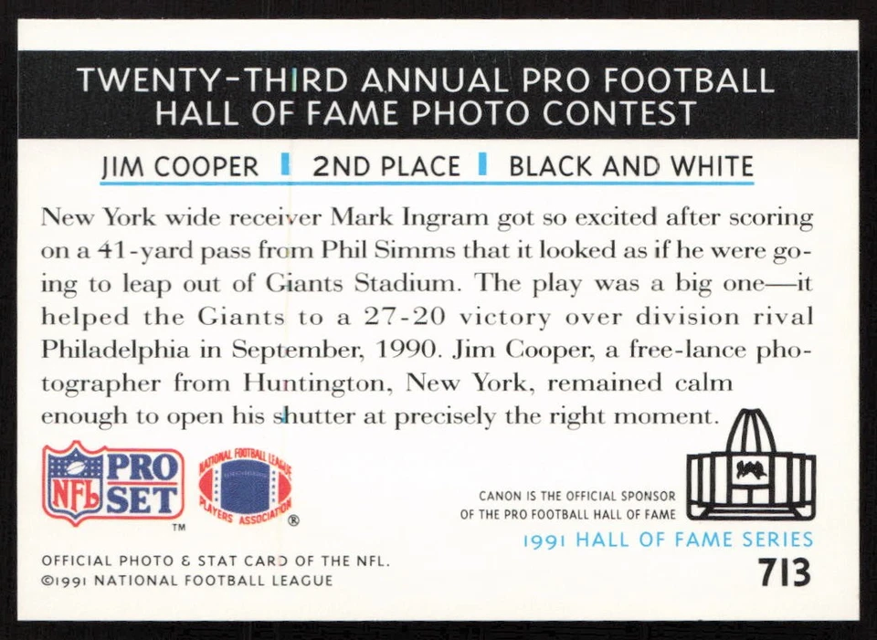 1991 Pro Set Mark Ingram #713 New York Giants - Image 2 of 2