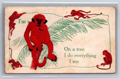 Embroidered Red Monkey On a Tree Everything I See 1907 Postcard