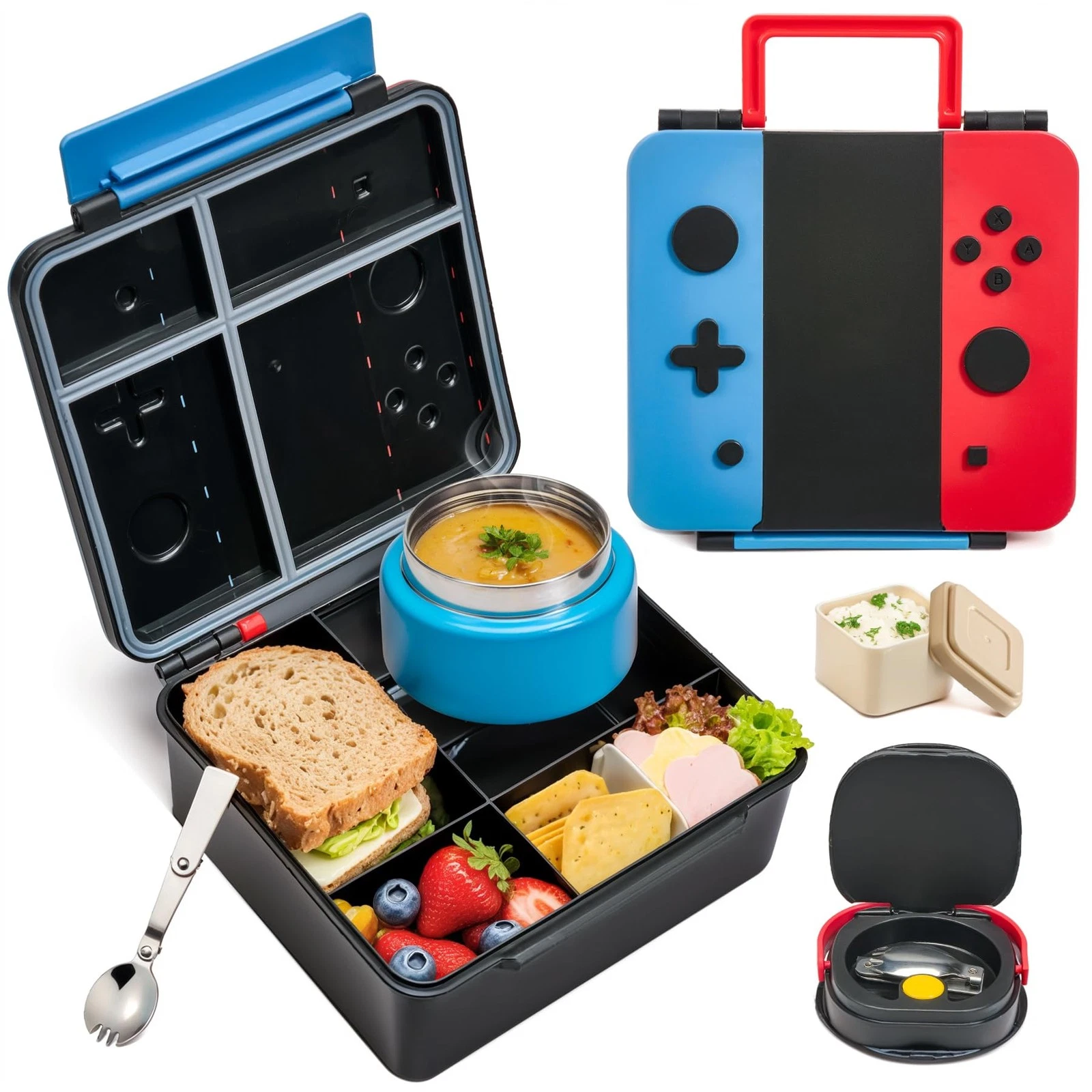 Game Bento Box for Kids, Lunch Box with Thermo(9oz Food Jar), Folding Spoon, ...