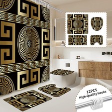 4 PCS Black Gold Geometric Print Shower Curtain Set Bath Mat Hooks 71x71"