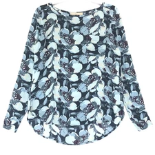 Loft Women's S Lightweight Blouse Blue Poly Floral 1 Pocket Roll Tab Long Sleeve