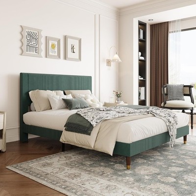 Queen Size Bed Frame with Upholstered Headboard,Noise-Free Structure,Green