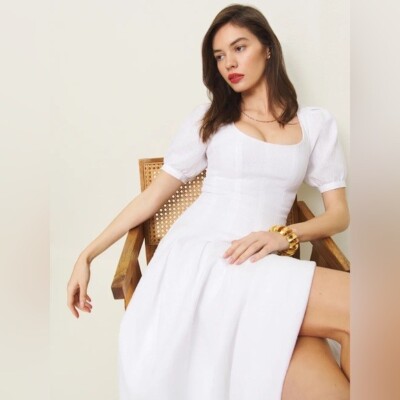 NEW Reformation Coucou Midi Linen Dress Puff Sleeves White