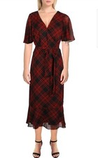 Lauren Ralph Lauren Womens Oleander Chiffon Plaid Midi Dress Size 2