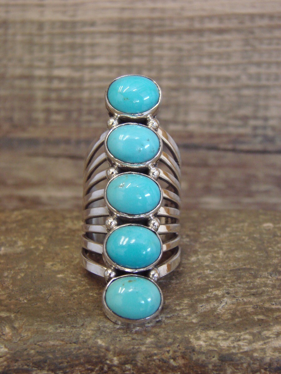 Navajo Indian Sterling Silver Turquoise Row Ring -Thomas
