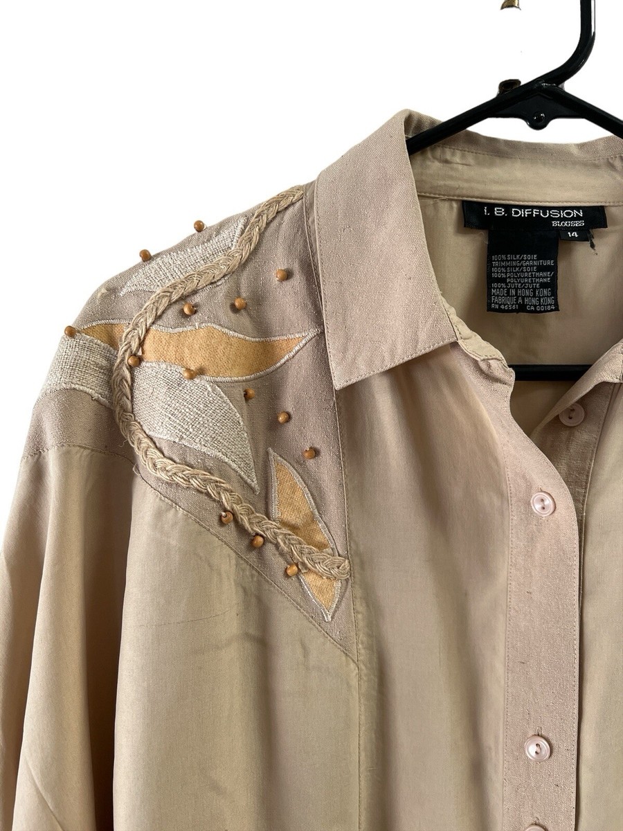 Vintage Silk Tan Button Down Women's Beaded Western Shirt | eBay