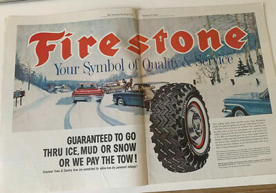 Vintage Ad 1962 Firestone Snow Scene Rare Large 2 Page Antique Cars 