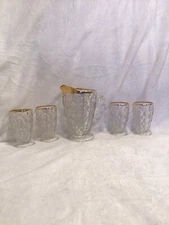  Vintage Beverage Set Jeanette Glass Co. Water Pitcher And 4 Piece Glass Set