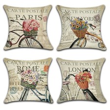 Fall Decor Linen Throw Pillow Covers - Bikes  Flowers - Set of 4 18"x18" - New