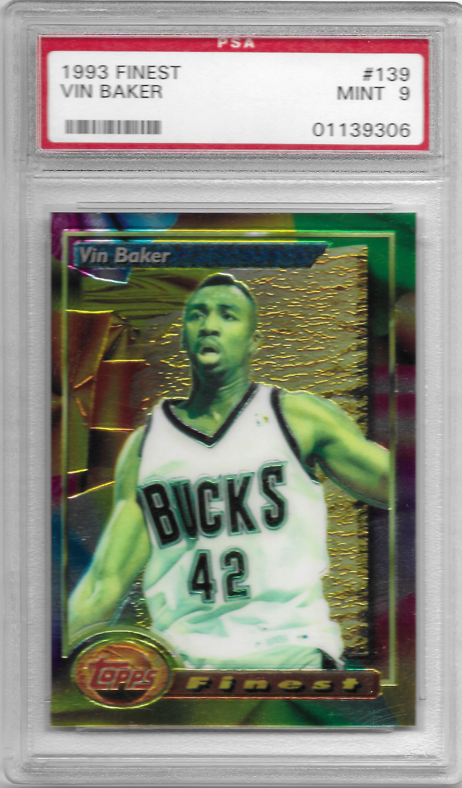 PSA 9 Mint 1993 Topps Finest Vin Baker RC #139 Milwaukee Bucks