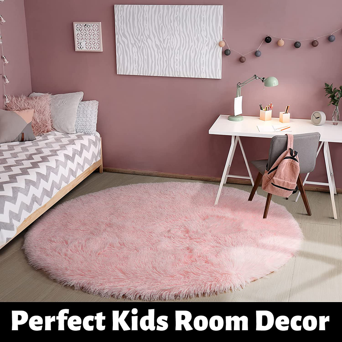 4X4 Ft Pink round Rug for Girls Bedroom, Fluffy Circle Rug for