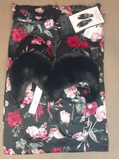 Victoria Secret Sm 5-6 Signature Satin Faux Fur Trim Slippers  Dust Bag NWT 