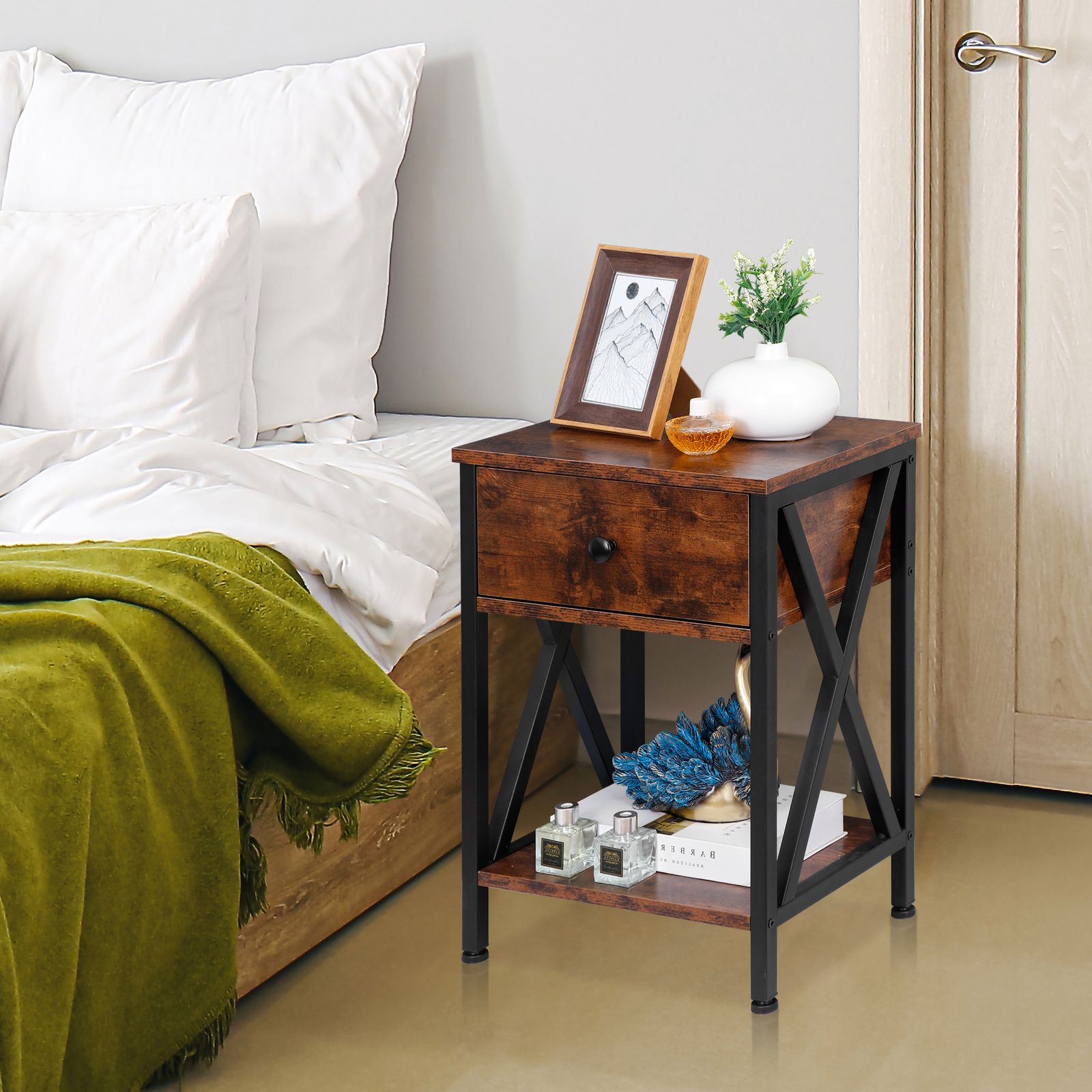 Set of 4 Brown End Table W/ Drawers X Design Small Wooden Side Table Living Room | eBay