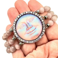 Kirks Folly Womens Bracelet Sea View Moon Face Pink Stretch Beads Silver Tone