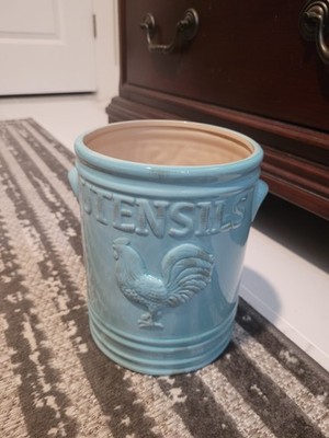 Home Essentials Turquoise Rooster Utensil Holder   Farmhouse Kitchen Ceramic