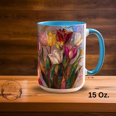 Stained Glass Print Tulip Mug: Floral Art Coffee Cup, Botanical Lover Gift