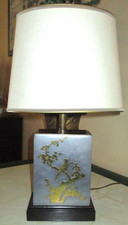 SAMUEL L. DINKELSPIEL Pewter/Brass Lamp, Bird Accents, Oval Linen Shade, EUC