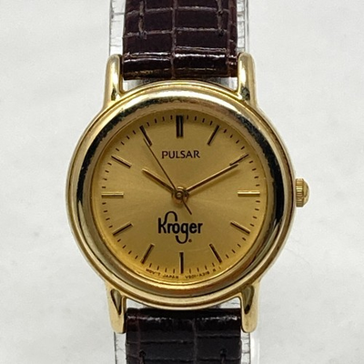 #ad Pulsar Watch Women 24mm Gold Tone Kroger V501 X025 Brown Band New Battery 7.75quot; $24.99
