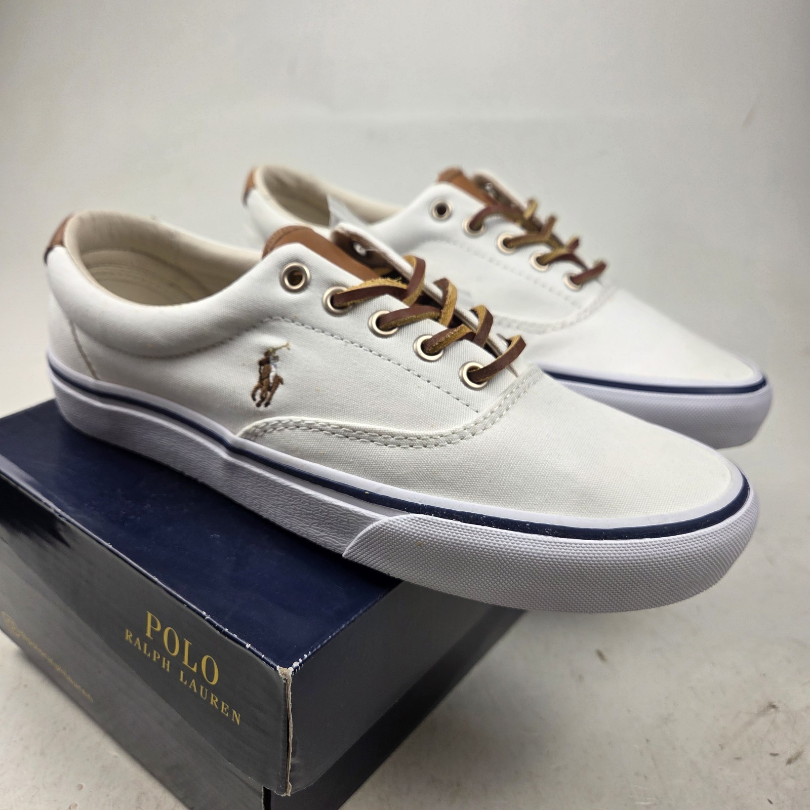 Polo Ralph Lauren Keaton Pony Sneakers in Tela Bianca Righe Blu Uomo Taglia 8 D