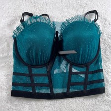 Victoria's Secret Dream Angels Teal Mesh Swiss Dot Corset Bustier Top 34DD NWT